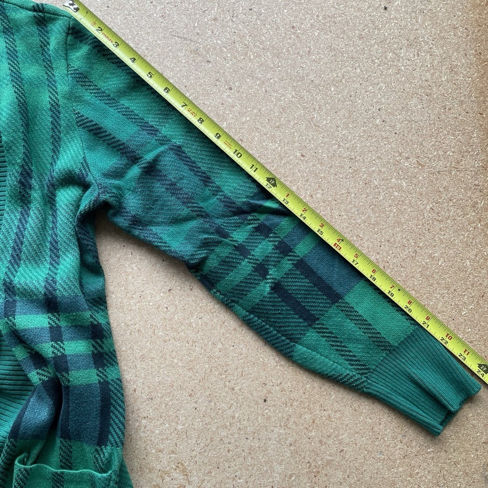 Isaac Mizrahi Live Cardigan Duster Women Medium Green Plaid Jacquard Open Front - Picture 7 of 8
